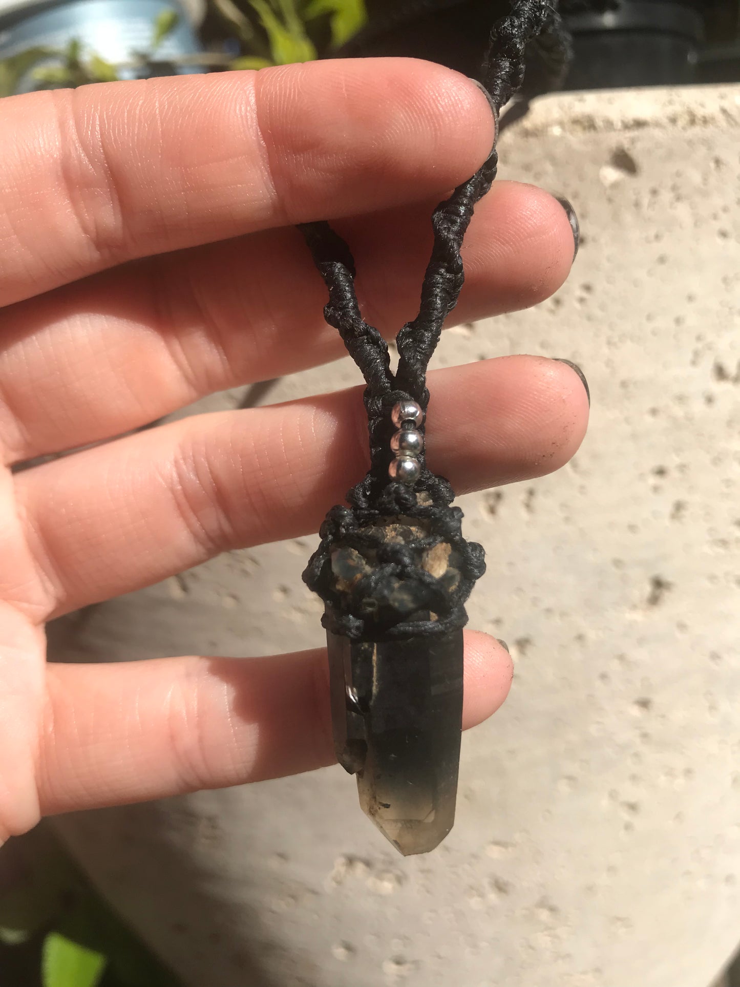 Smokey Quartz, Riebeckite Inclusions macrame necklace