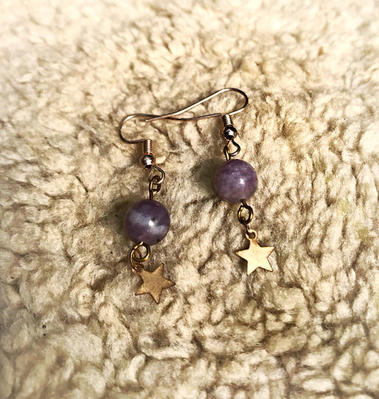 Star Earrings with Lepidolite Beads