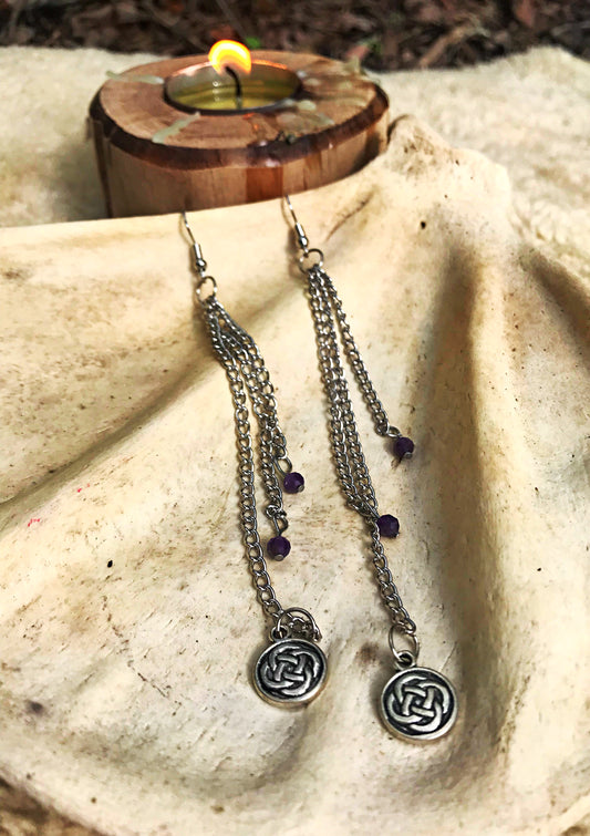 Celtic Shield Knot Drop Earrings with Amethyst Beads