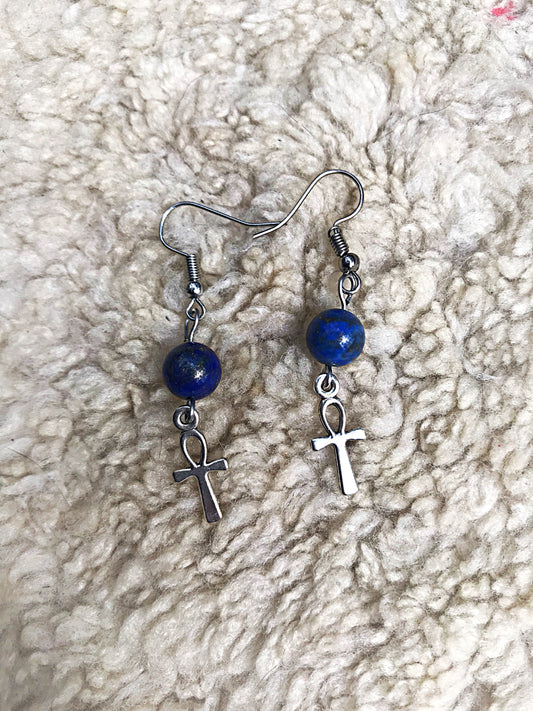 Ankh Earrings with Lapis Lazuli Beads