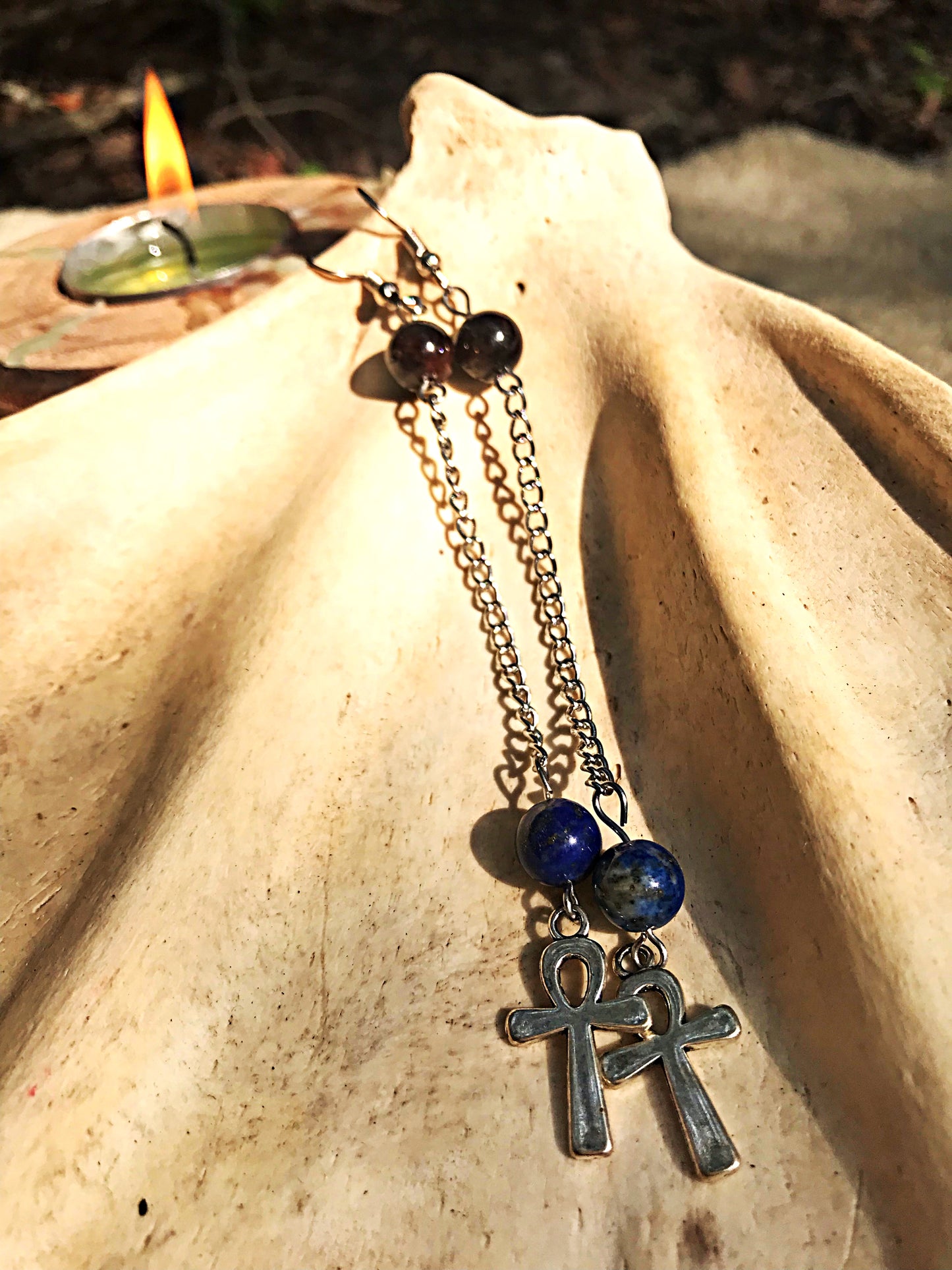 Ankh Earrings with Lapis Lazuli and Garnet Beads