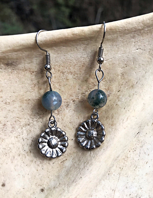 Flower and Moss Agate Earrings