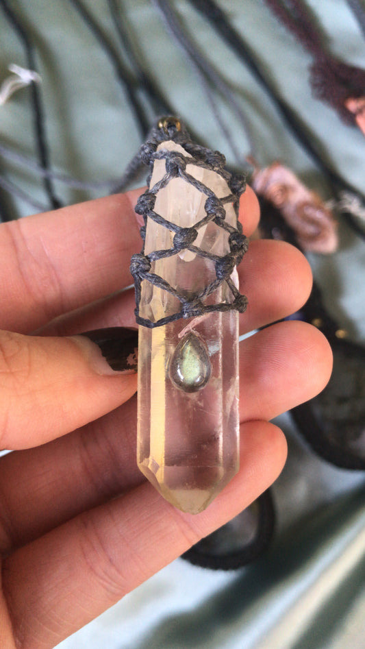 Macrame Necklace, Clear Quartz with Labradorite